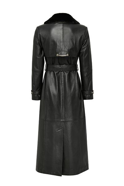Derimod Jenny Women's Black Collar Furry Belt Detail Leather Trench Coat 23Wge51681M