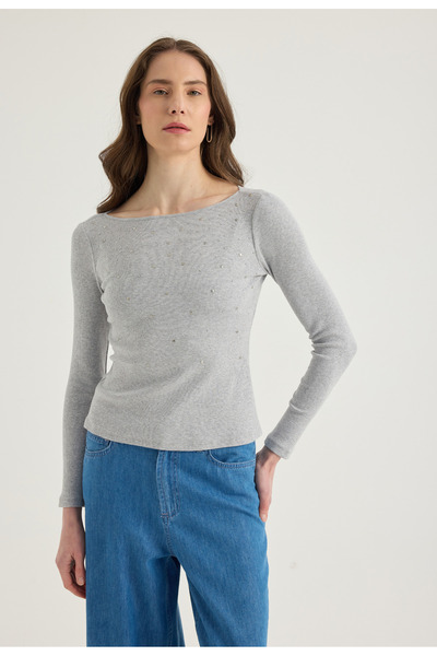 Masha Kate Serpme Taşlı Kayık Yaka Bluz