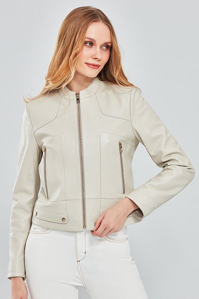 Derimod Sharon Women's Beige Short Leather Jacket - 24sge51751m