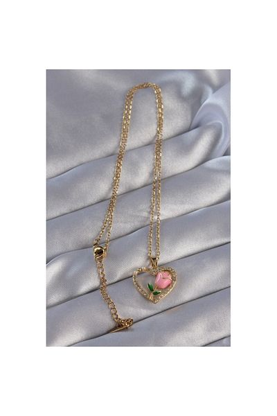 Skygo Gold Colored 316L Steel Zircon Stone Heart Rose Design Necklace - Tj-Bko8864