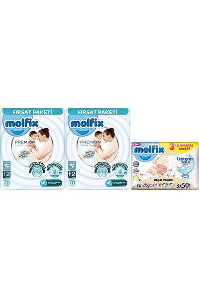 Molfix Premium Baby Diaper - 3-6kg, Mini 140 Pieces, Economical and Ultra Fırsat with Wet Wipes Pk 3 Pieces