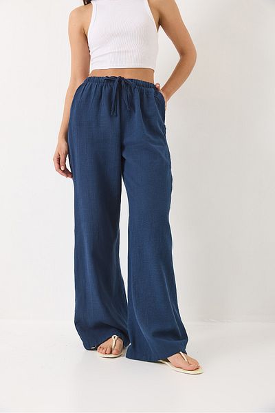 Bianco Lucci Damen Palazzo-Hose aus Leinen mit Taillenband und Taschendetail R6675 60283146