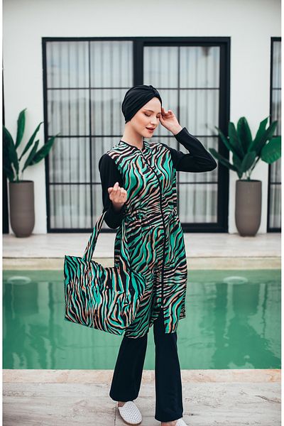 MASSMİZO Savanna Women's Long Green Patterned Zippered Full Covered Hijab Swimsuit Set of 3