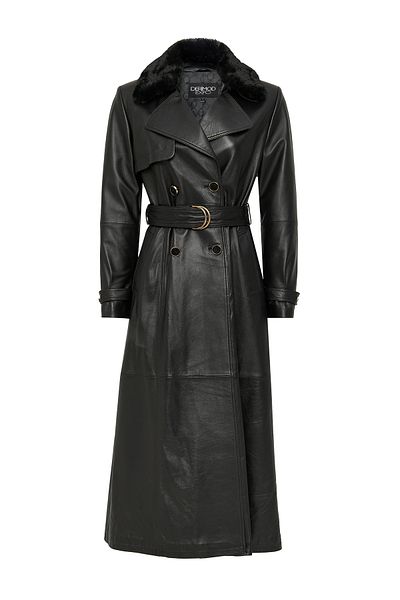 Derimod Jenny Women's Black Collar Furry Belt Detail Leather Trench Coat 23Wge51681M