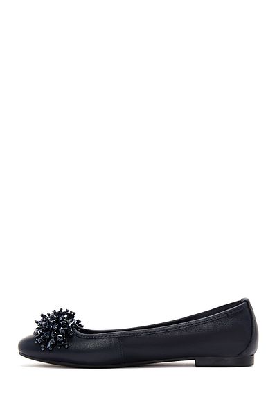Derimod Navy Blue Stoned Women's Leather Ballerinas - 24sfd 270418