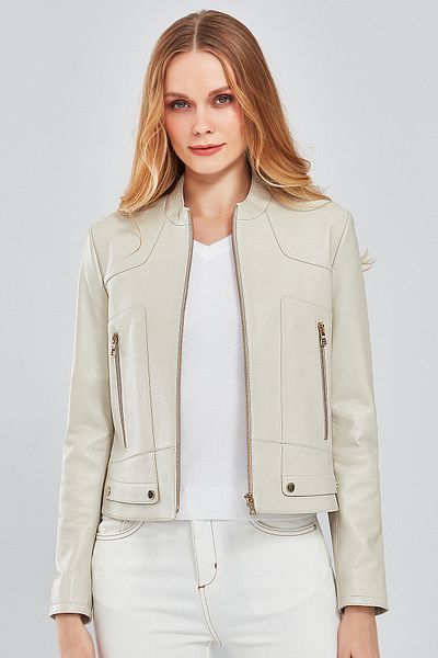 Derimod Sharon Women's Beige Short Leather Jacket - 24sge51751m