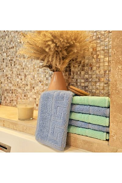 Kotonia Home Set of 6 Hand Towels - Greek Border, 30x50 Cm, 100% Cotton, Blue and Aqua