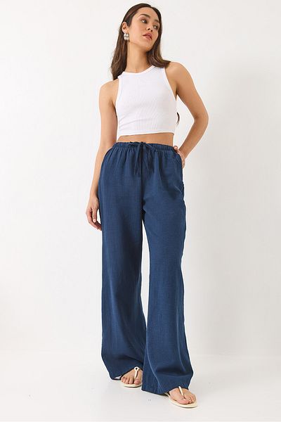Bianco Lucci Damen Palazzo-Hose aus Leinen mit Taillenband und Taschendetail R6675 60283146