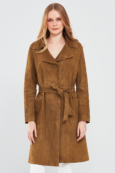 Derimod Sardinia Women's Camel Suede Leather Trench Coat 24Sgd 518010