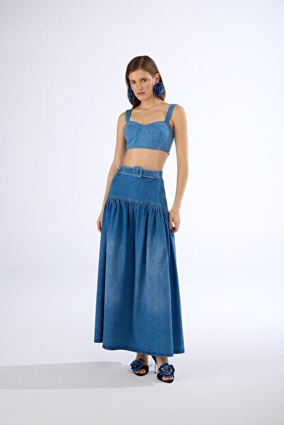 NOK İSTANBUL Denim Star Maxi Boy Kemer Detaylı Etek LİGHT BLUE