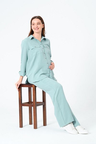 BUSA Maternity Loose Wide Leg Adjustable Waist Shirt Set Minty Green