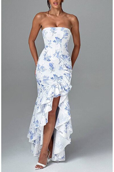 Diviny Kadın Beyaz Desenli Straplez Eteği Yırtmaç Volanlı Elbise