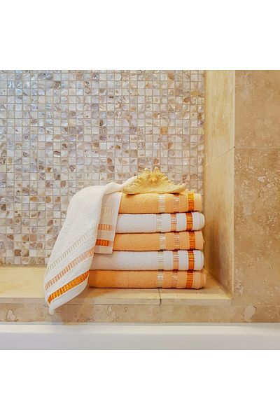 Kotonia Home Set of 6 Hand Towels - Pastel Ingie, 30x50 Cm, 100% Cotton, Orange and White