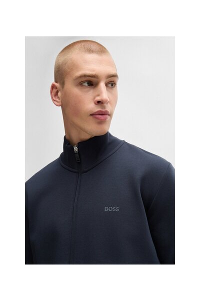 BOSS Logolu baskılı esnek pamuk fermuarlı sweatshirt