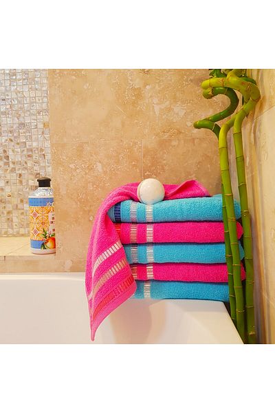 Kotonia Home Set of 6 Hand Towels - Pastel Ingie, 30x50 Cm, 100% Cotton, Fuchsia and Turquoise