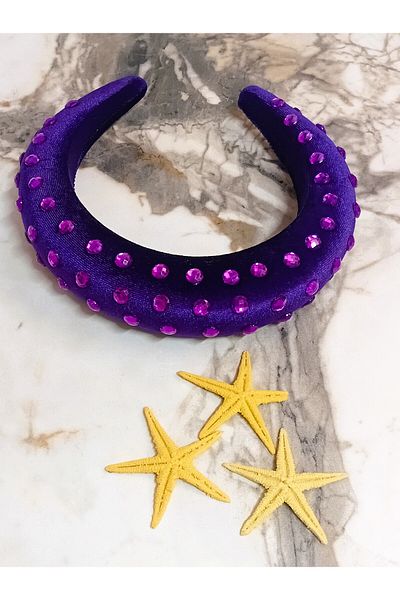 Lissa Aksesuar Purple Velvet Crown with Crystal Stones and Elegant Hair Crown