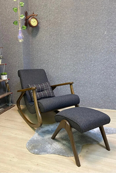 Reyo İskandinav Ahşap Sallanan Sandalye Berjer Dinlenme Emzirme Baba Tv Koltuğu Ceviz Antrasit Gri