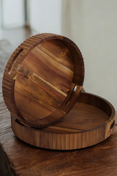 Mirilliahome Set of 2 Natural Acacia Wood Trays – 30 cm & 35 cm Round Presentation Tray