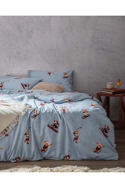 Madame Coco Fabienne Bear Flanell-Bettbezug-Set, 100 % Baumwolle, Einzelbett, Blau