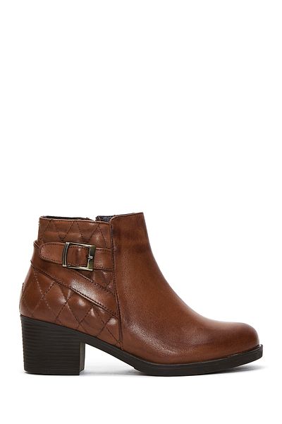 Derimod Women's Tan Zippered Buckle Detailed Thick Heeled Leather Boots 24Wfd 412918