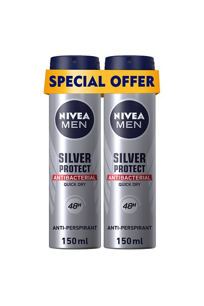 NIVEA MEN Silver Protect, Antiperspirant for Men, Antibacterial Protection, Spray 150ml, Pack of 2
