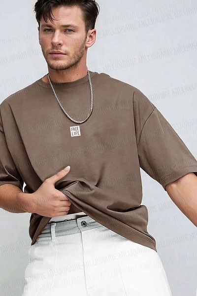 Teenage Millionaire Ανδρικό μπλουζάκι Free Life Mocha Brown Crew Neck Oversize Salas