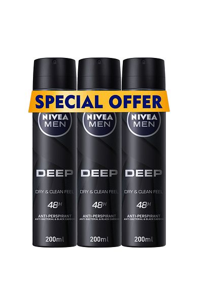 NIVEA MEN DEEP Black Carbon, Antiperspirant for Men, Antibacterial, Spray 200ml, Pack of 3