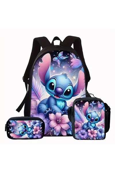 BABUN Set ghiozdan Stitch 3 piese Set pentru fete cu flori și fluturi