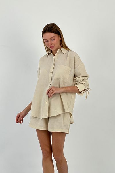 Miss Poem Women's Summer Oversize Shirt Mini Shorts Bottom Top Beige Two Piece Set