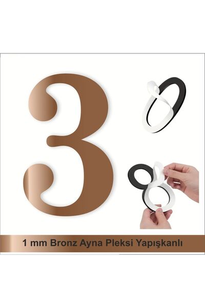 zafrakreklam Kapı Daire Numarası 1 mm Bronz Ayna Pleksi Yapışkanlı No - 3 Üç