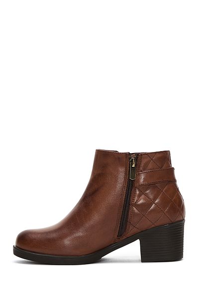 Derimod Women's Tan Zippered Buckle Detailed Thick Heeled Leather Boots 24Wfd 412918