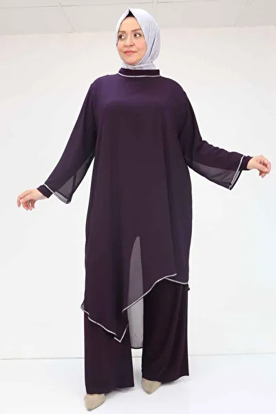 Eslina 57014 Large Size Sandy-Chiffon Stone Printed Trousers Suit - Plum