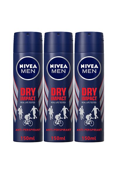 NIVEA MEN Dry Impact, Antiperspirant for Men, Spray 150ml, Pack of 3