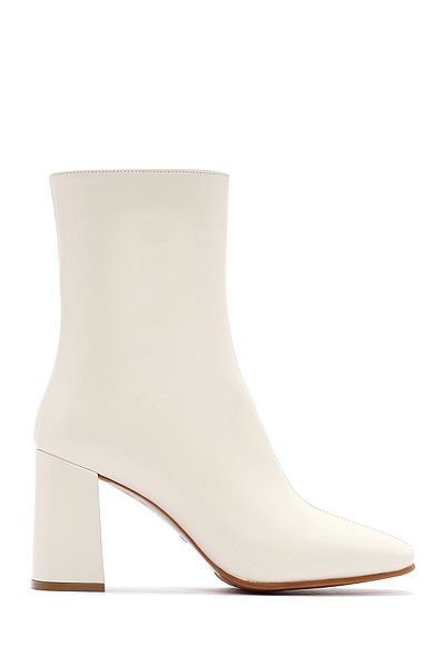 Derimod Women's Cream Zippered Thick Heeled Leather Boots 24Wfd 131718