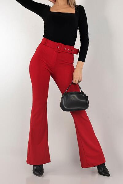 Deneme Kabinim Women's Flared Leg Classic Belted Fabric Trousers - Red