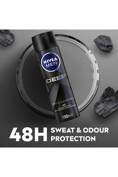 NIVEA Men Deep Darkwood Maxtech 72h Black Carbon, Antiperspirant For Men, Antibacterial, Spray 150ml
