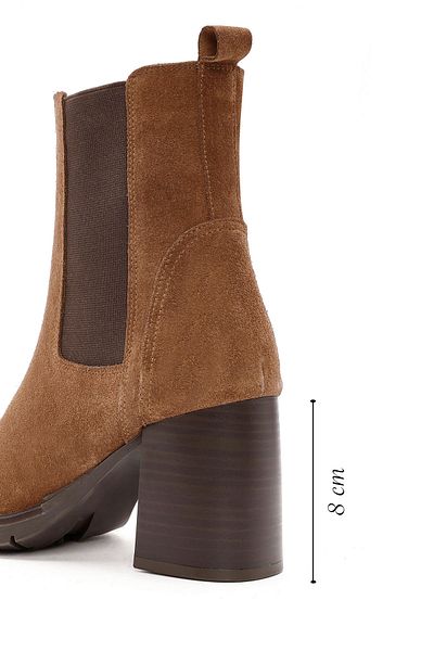 Derimod Women's Tan Thick Heeled Suede Leather Chelsea Boots 24Wfd 152110