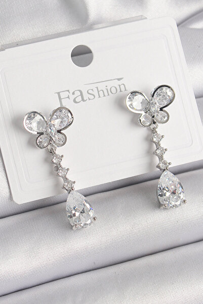 Skygo Brass Silver Color Butterfly Model Dangle Drop Zircon Stone Women's Earrings - Tj-Bkp9861