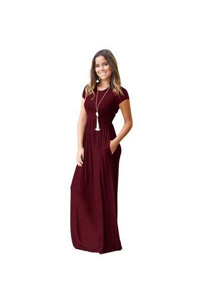 HALAMODO Casual Short Sleeve Pleated Flutter Swing Long Dress with Pockets, Women's Summer Pleated Dresses, W