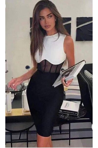 Kokosh moda Women's Crew Neck Sleeveless Double Color and Waist Transparent Corset Detail Midi Length Dress