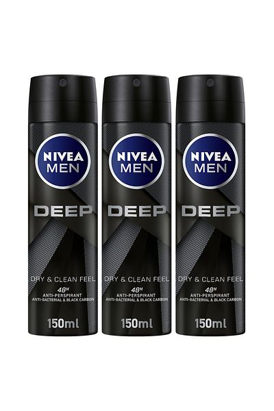 NIVEA MEN DEEP Dry & Clean Feel, Antiperspirant for Men, Antibacterial, Spray 150ml, Pack of 3