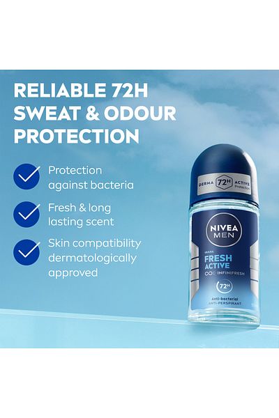 NIVEA MEN Fresh Active, Antiperspirant for Men, Fresh Scent, Roll-on 50ml, Pack of 2