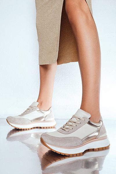 Derimod Beige Women's Sneakers - Genuine Leather, Lace-Up, Casual Shoes, Sneakers 24Wfd37041