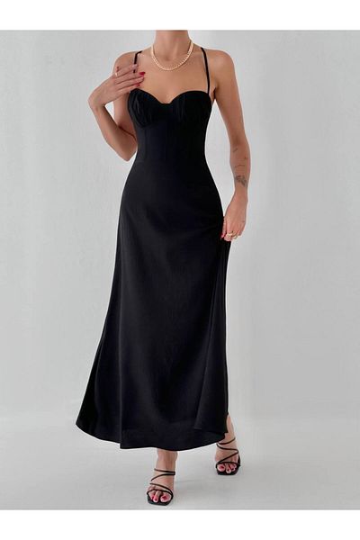 FASHION COCKTAIL Feminine Bustier Detailed Bodice Draped Upper Section Fluid Satin Skirt Maxi Dress
