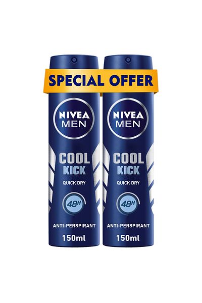 NIVEA MEN Cool Kick, Deodorant for Men, Fresh Scent, Spray 150ml, Pack of 2