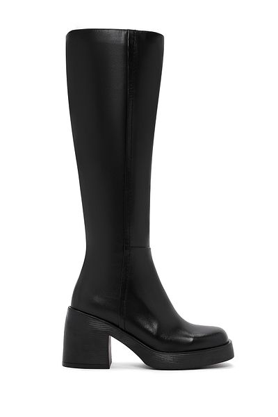 Derimod Women's Black Zippered Thick Heeled Leather Boots 24Wfd 200518