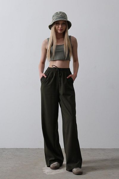 Moda Asmira Wide Leg Trousers with Elastic Waist - Dark Khaki