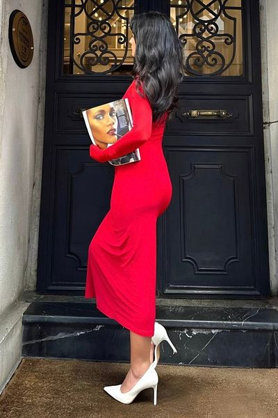sportiness Rochie midi roșie cu mâneci lungi pentru femei, cu mâneci din tul cu detaliu cu fante - Îmbrăcăminte de seară șic și elegantă