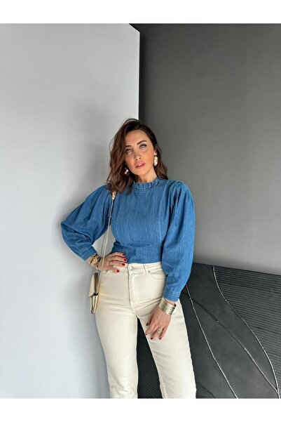 Zerrincan Giyim Mavi Balon Kol Orijinal Kot Bluz