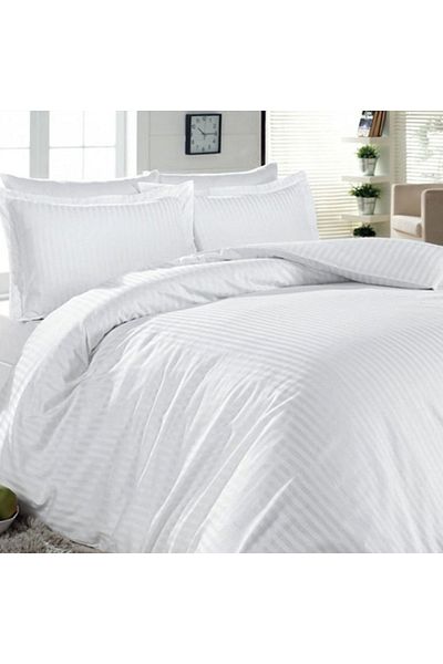 Kotonia Home Set Lenjerie de pat, 100% bumbac, Damasc Saten, dungi subtiri, 2 persoane, alb